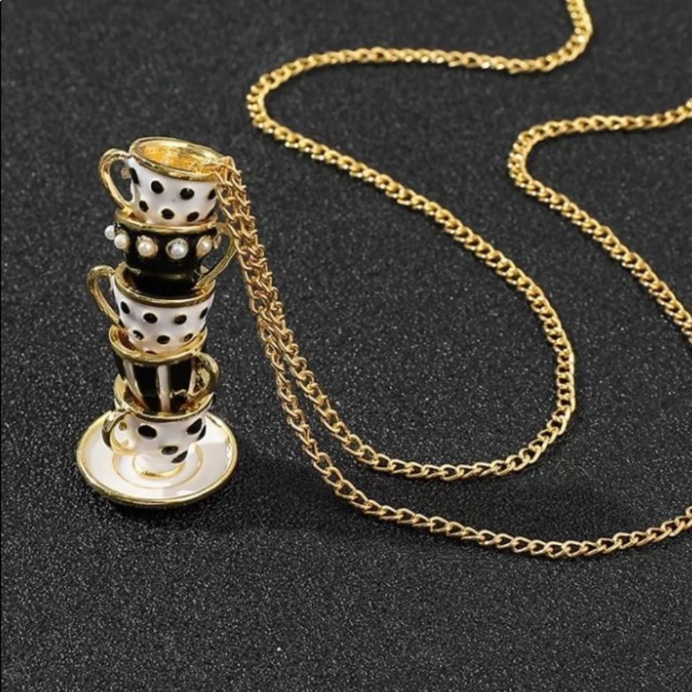 Hand Painted Enamel Gold Necklace Teacup Pendant Long Chain Choker black white
